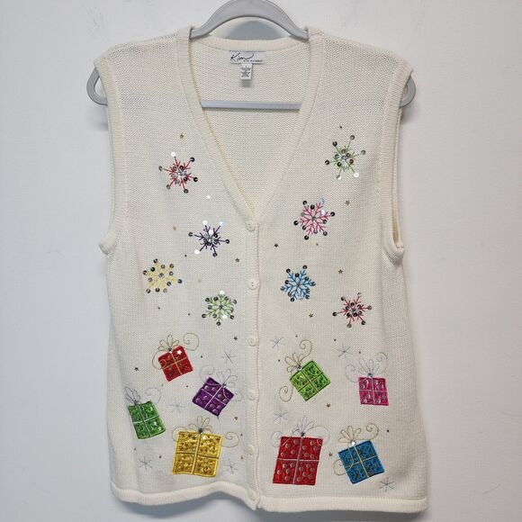 Vintage Kim Rogers Christmas Sweater Vest Size L Ivory Snowflake Gifts Sequin - Picture 1 of 12